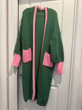 SHEIN Green Cardigan with Pink Trim and Pockets size xl